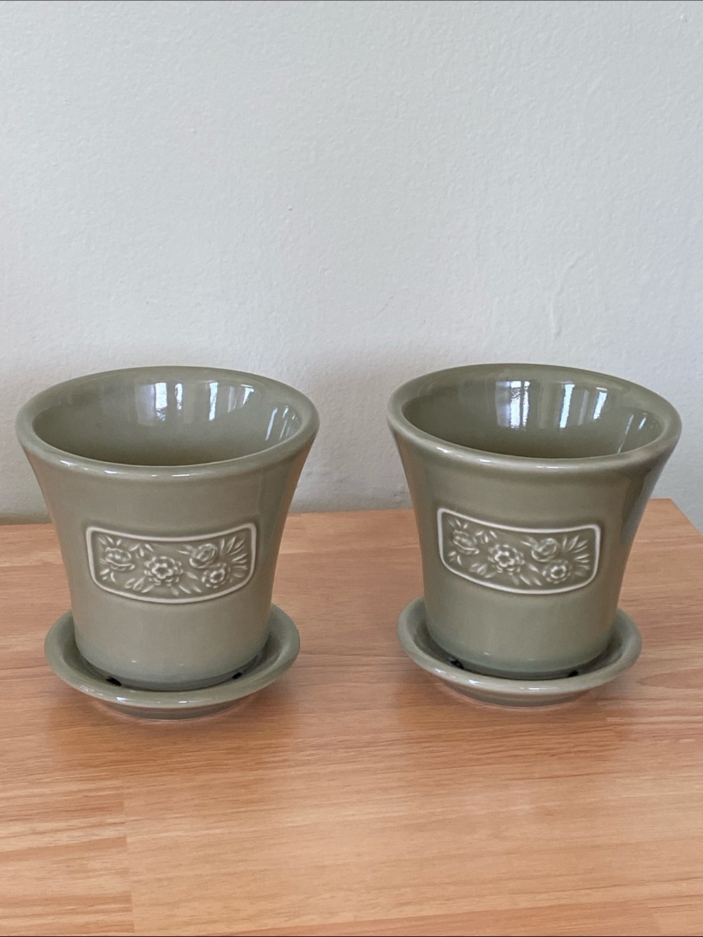 Longaberger Sage Green May Series Peony Planter Pair